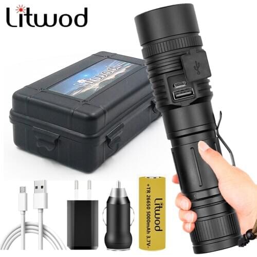 Xhp50 Power Bank Led Flashlight Rechargeable 18650 26650 Battery Zoom Activity Adjustable Bulbs Torch Light Litwod for Outdoor