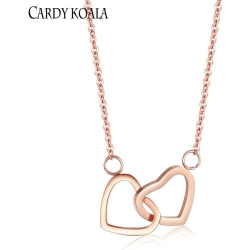 Japanese and Korean Simple Accessories Titanium Steel Rose Gold Double Love Pendant Necklace Clavicle Chain Girlfriends with Jew