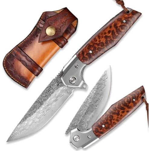 Damascus VG10 Steel Japanese Folding Knife Serpentine Wooden Handle Stainless Steel Bearing Quick-open HandForged Knife EDC Tool