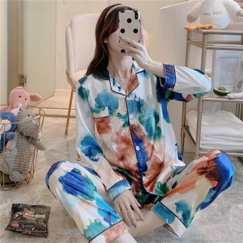 Women Summer Thin Faux Silk Pajamas 2021 New Autumn Long Sleeve Trousers Lounge Wear Female 2 Piece Set Satin Pajama Homewear