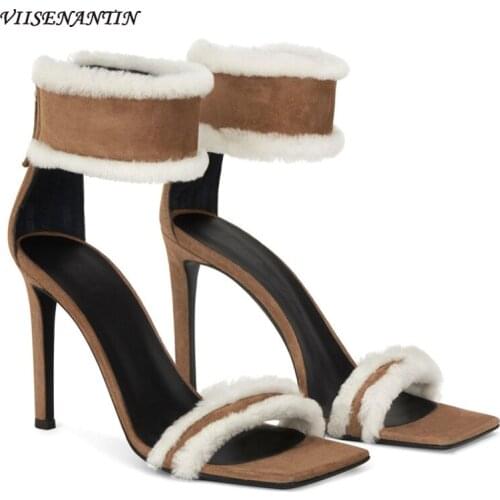 New Fur Shoes Square Toe High Heels Women Stiletto Leather Stitching Bag Heel Zipper Color Matching Wild Word Belt Sandals