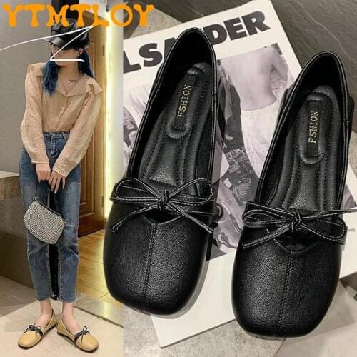 2021 New Bow Square Head Shallow Mouth Fairy Tale Style Spring And Autumn All-match Fashion Lazy Flat Bottom Womens Boat Shoes