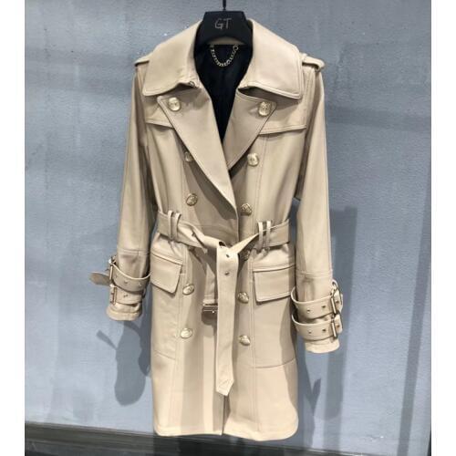 European Style Women Coats Natural 100% Sheepskin Genuine Leather Long Real Sheepskin Windcoat Female Double Breasted Coat