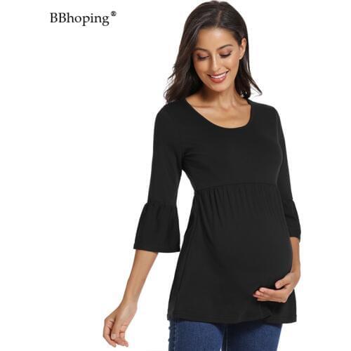 Womens Maternity Tops Short Flare Sleeve Round Neck Casual T-shirt Autumn Winter Clothes Bodycon Elastic Soft Shirts Ropa Mujer