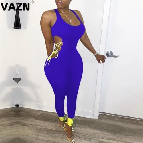 VAZN 2020 Summer New Special Spaghetti Strap Cross Bandage Top Joker Young Solid High Waist Women Slim Long Pencil Rompers