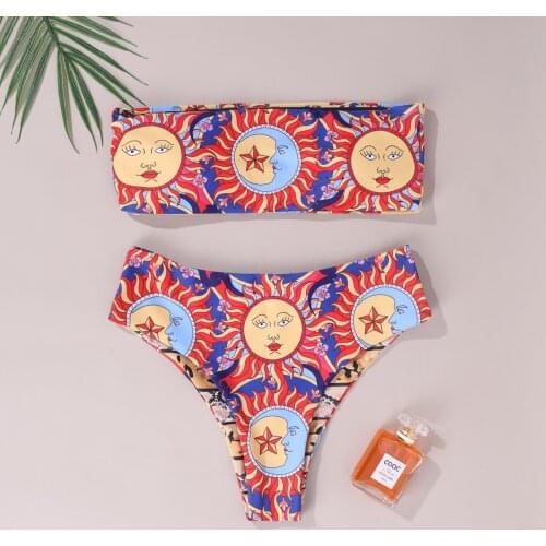 Womens Fashion Casual Necktie Bikini Sexy Open Back Print Split Swimsuit Female Swimwear Women Mini Thong Bikini