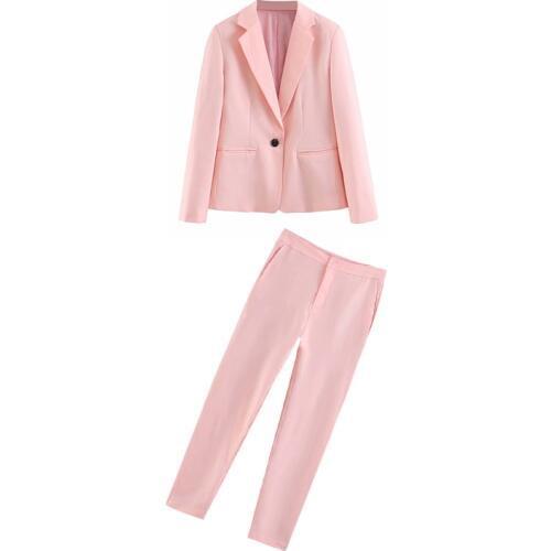 Womens two-piece solid color casual long-sleeved one button blazer + high waist straight trousers 2 piece outfits for women
