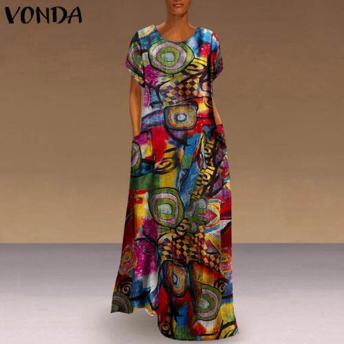 WomenSundress Bohemian Dress 2021 VONDA Vintage Pockets Print Party Maxi Long Dress Casual Loose Plus SizeFemale Vestidos 5XL