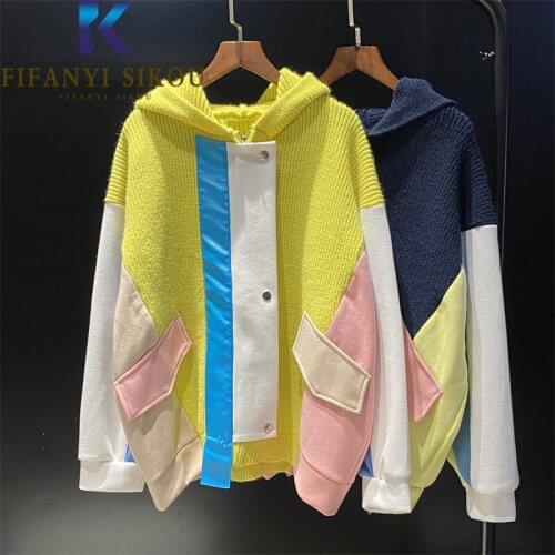 2021 Autumn Winter Knitted Sweater Jacket Thick Warm Fashion Patchwork Cardigan Knit Coat Pocket Zipper Hooded Sweaters Female