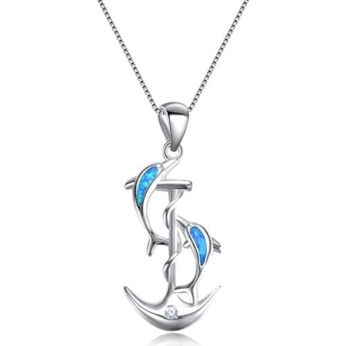 Fashion Lucky Dolphin & Anchor Personality Pendant Necklace Blue Fire Opal Charm Necklaces for Women Statement Wedding Jewelry