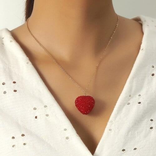 Girl Big Red Rhinestone Heart Necklaces & Pendant Long Chain Collier Women Wedding Jewelry Party Birthday Gifts Wholesale