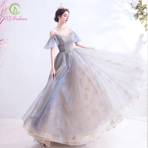 SSYFashion New Banquet Elegant Grey Blue Evening Dress Scoop Lace Appliques Floor-length Long Formal Gown Vestidos De Fiesta