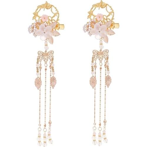 2 pcs Vintage Antique Flower Hair Clips Golden/Silver Long Tassel Hanfu Bride Wedding Jewelry Handmade Hair Clip