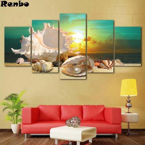 5 Panel Diy 5d Diamond Painting Blue Beach Sea Shell Diamond Mosaic Pattern Embroidery Cross Stitch Handmade Decoration Gift