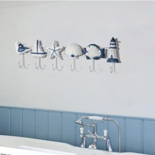 6-HOOK NAUTICAL STARFISH SEASHELL COASTAL SINGLE HOOK BATH TOWEL HOOK RUSTIC BLUE 5-10kg