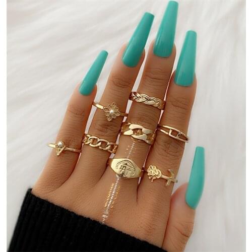 8 Pcs/Set Bohemian Retro Flower Leaves Hollow Lotus Imitation Pearls Ring Set Women Wedding Anniversary Gift