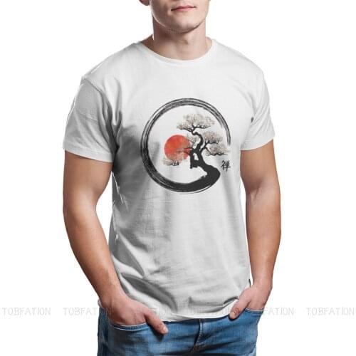 Buddha Statue Graphic Painting Enso Circle and Bonsai Tree on Canvas Tshirt O-Neck Big Size T Shirt Tees Top Cotton