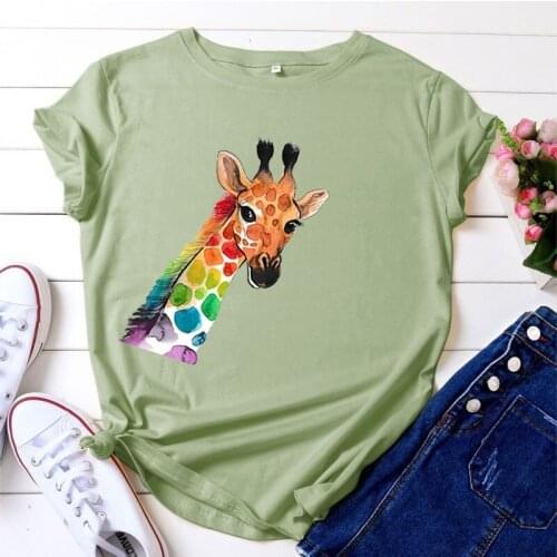 Summer Women T Shirt Short Sleeve Giraffe Print Female Female Fashion Streetwear Ladies Regular Graphic Clothes O-Neck Tees Tops