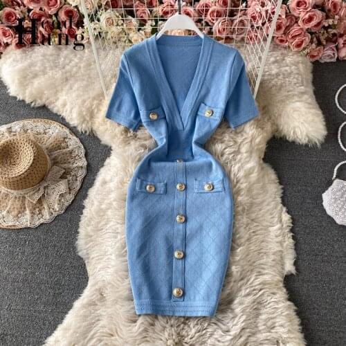 HangCode Deep V-neck Buttons Design Elegant Ladies Office Dress Summer Short Sleeve Knitted Bodycon Dress Ladies Party Dresses