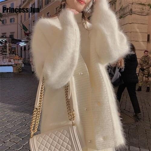 Lazy Style White Soft Mohair Mink Fleece Cardigan Sweater Women Autumn Winter New Loose V-neck White Very Fairy Knitted Coat