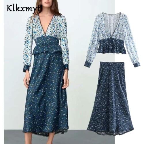 Klkxmyt Za 2021 Women 2 Pieces Set Print Short Blouse Suit Woman High Waisted Midi Skirt Set Hem Lace Female Summer Outfits Sets