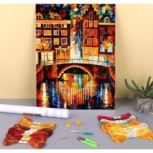 Amsterdam - Little Bridge Printed Canvas 11CT Cross Stitch Embroidery Complete Kit DMC Threads Sewing Needlework Mulina