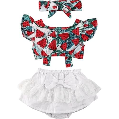 Pudcoco Newborn Baby Girl Clothes Set Watermelon Print Ruffle Top Lace Shorts Dress Summer Kids Outfits With Bow