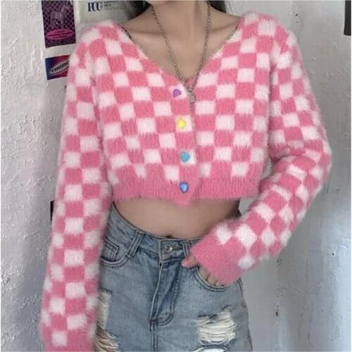 Korean Style Mohair Pink Knitted Cardigans Women Casual Long Sleeve Argyle Cropped Cardigans Coat Knitted Sweaters
