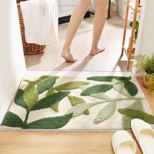 Green Leaves Flocking Bath Mat Non-slip Absorbent Bathroom Carpet Soft Rectangle Washroom Entrance Door Mat Home Floor Decor