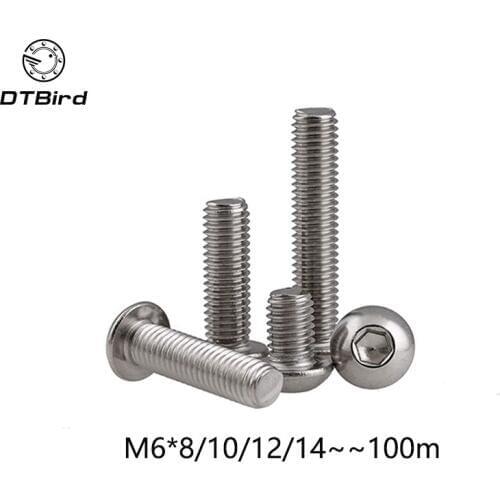 M6 Bolt A2-70 Button Head Socket Screw Bolt SUS304 Stainless Steel M6*(8/10/12/14/16/20/25/30/35/40/45/50/55/60~100) mm