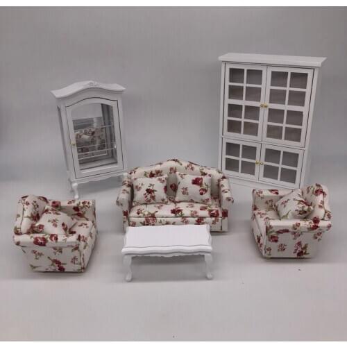 1:12 Dolls House Living Room Furniture - Floral Sofa, End Table And Vertical Storage Cabinet