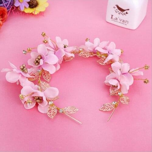Fashion Pink Flower with gold leaves Wedding Hair Jewelry bridal Wedding Accessories Bridal Tiara Freeshipping RE582
