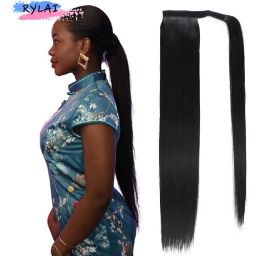 Wrap Around Ponytail Clip In Horsetail Wig Synthetic Straight Hair Extension 28Inch 120g Natural Black Heat Resistant Daily Use