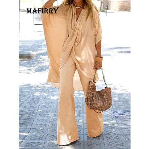 New Women Loose Scarf Collar Half Sleeve Full Pants 2PCS Suits Sprint Autumn Batwing Sleeve Wide Leg Pants Sets Solid Streetwear