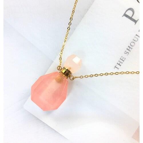Natural Stone Perfume Bottle Necklace for Men Women Rosequartz Purple Crystal Essential Oil Bottle Diffuser Pendent Necklace