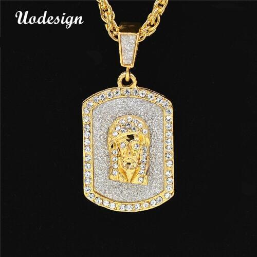 Uodesign Bling bling Crystal Hip Hop necklace Gold Color Masked Jesus Face Pendant Necklace for men Crystal Jesus Piece Jewelry