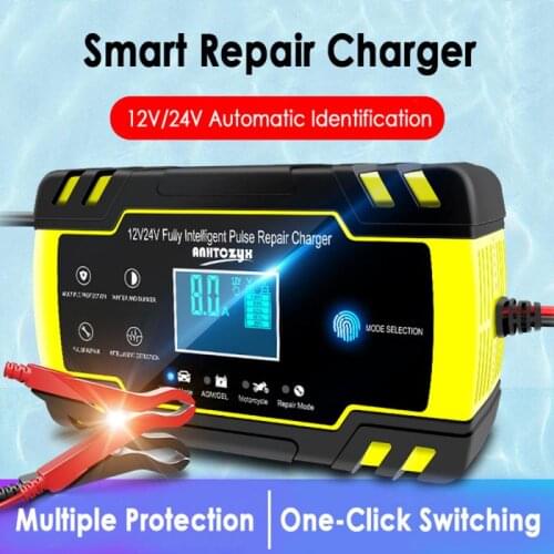 2020 New Full Automatic Motorcycle Car Battery Charger Pulse Repair AGM GEL WET Lead Acid Battery 12/24V Digital LCD Display