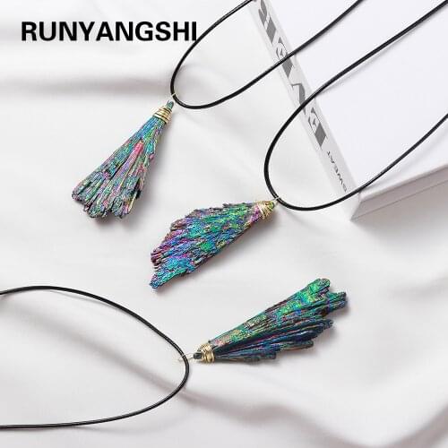 Colorful feather shape Jet Stone Electroplating seven rainbow Stone Pendant Natural Stone and Mineral collection Necklace