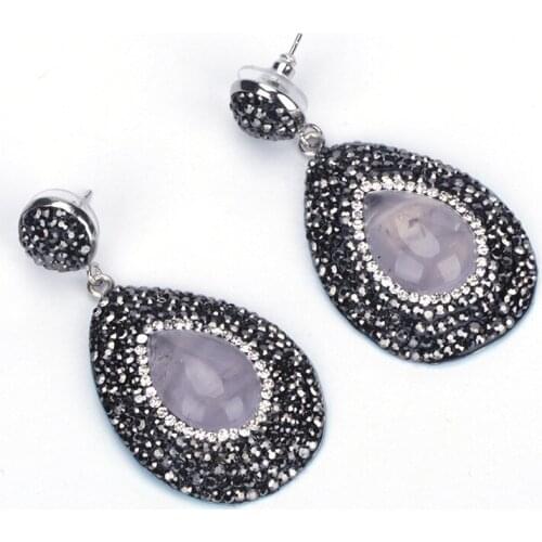 Light Lavender Grey Water Drop Onyx Stone Pendant Charm Pave Black Rhinestone Big Dangle Earring For Women Vintage Jewelry Gift