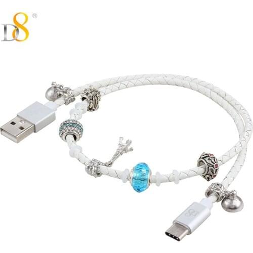 D8 Type-C USB Cable Data Cable with magnetic Beads Bracelet Cord Genuine Leather Woven for Charging and Data Extended Wire 0.4M