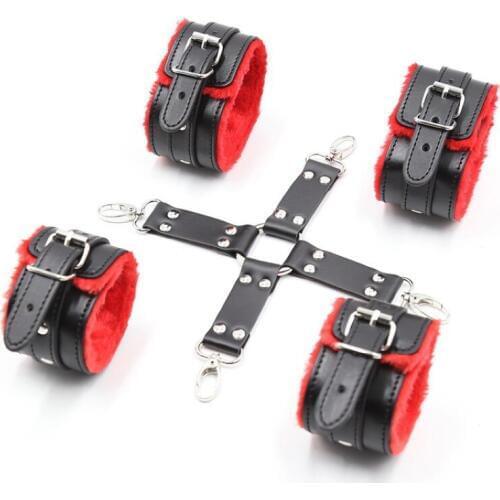 Adults Tied Handcuffs Back Cross Red Black Leather Plush Hand And Foot Buckle