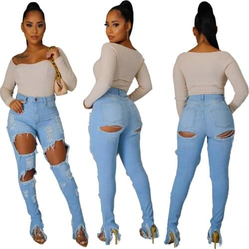 Ladies high-rise hot sale ripped ruptured fringe irregular slit pencil jeans