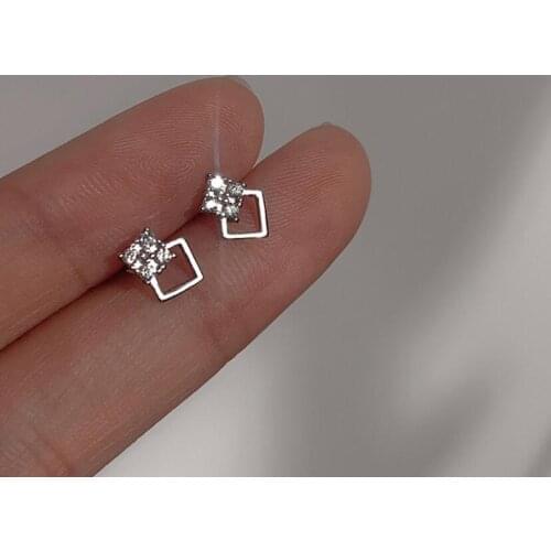 925 Sterling Silver Simple Staggered Double Square Earrings For Women Cute Geometric Crystal Stud Earrings Party Gift Oorbellen
