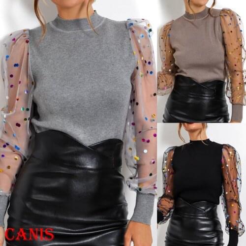 Women Loose Casual Polka Dots Tops Elegant Turtleneck Party Clubwear Autumn Mesh Puff Long Sleeve Ribbed Knitted Shirt