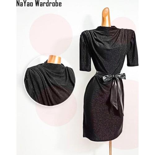 2020 New Half Sleeve Black Latin Dance Dress with Belt Dancing Performance Women Dress Ballroom Samba Tango DL618