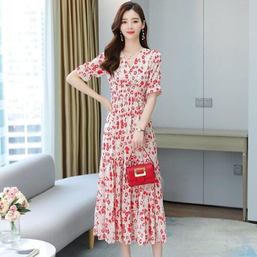 Fashion new summer V-neck Long dress French retro Short sleeve small floral dress Over-the-knee dress
