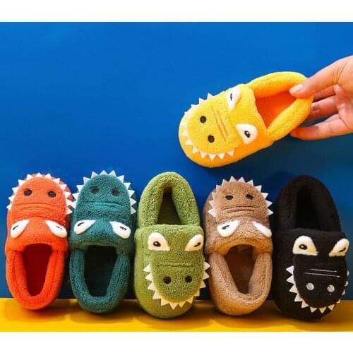 Winter Warm Home Kids Fur Slippers Cute dinosaur Pattern Indoor Cartoon Baby Slippers Soft Sole Rubber Bottom Children Shoes