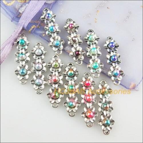 10Pcs Tibetan Silver Tone Flower Mixed Acrylic Star Charms Connectors 8.5x28mm
