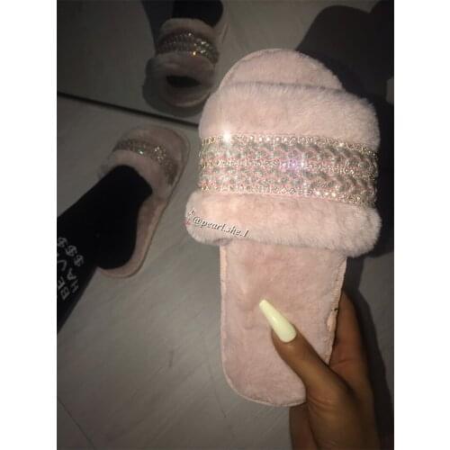 Designer Girl Fashion Fur Slippers Wholesale Faux Fur Cross Indoor Floor Slides Real Fur Slides