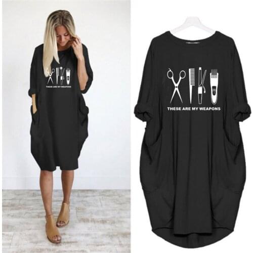 Hairdresser Scissors Barber Weapons Autumn Womens Dresses Pocket Loose Dress Ladies Crew Neck Casual Long Girl Tops Dress